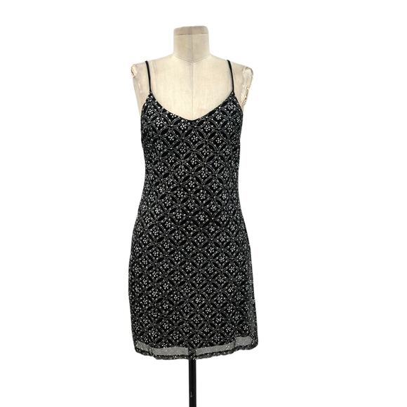 Betsey Johnson Luxe Vintage Slip Dress Mini Glitter Black Gold‎ Size Small - Picture 1 of 11